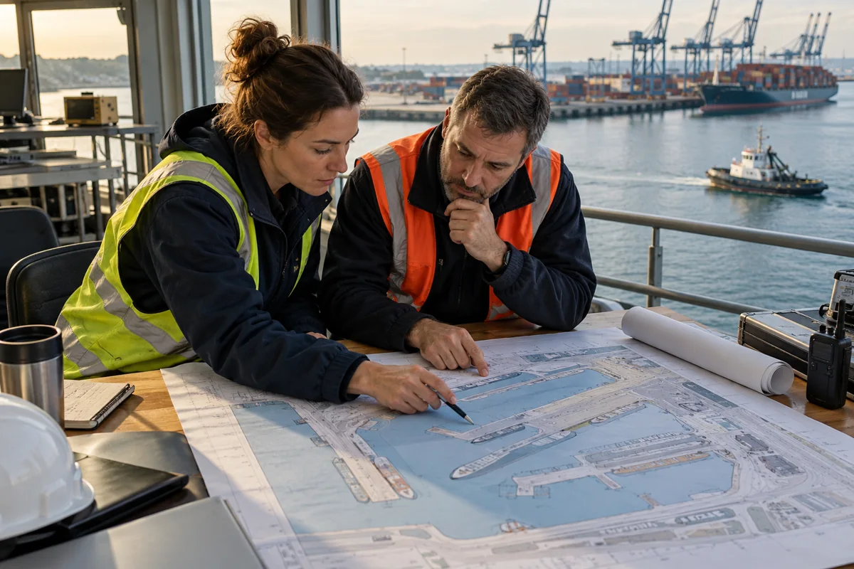 Logistics professionals reviewing a marine storage plan
