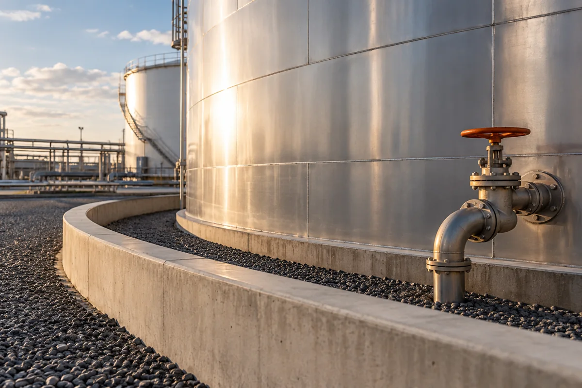 Close ground-level view of curved silver storage tank wall and its immaculate containment curb with subtle orange valve wheel
