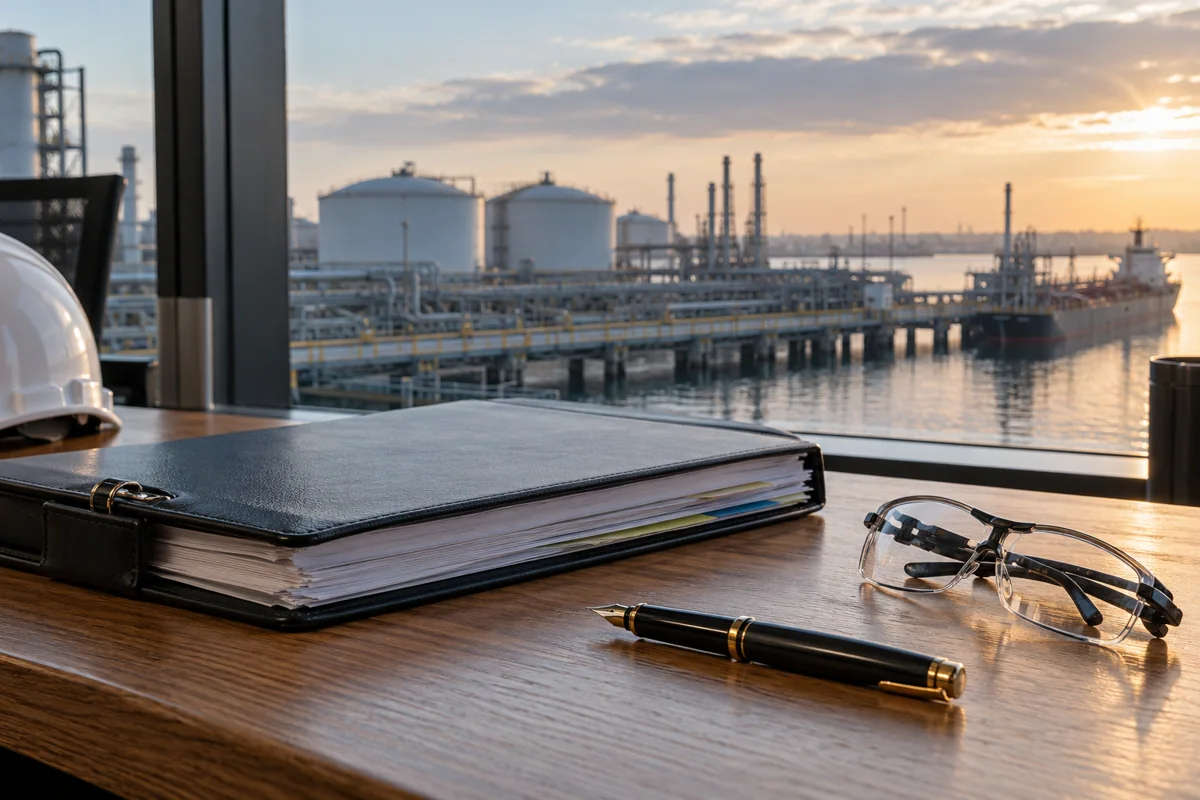 A neatly arranged permit folder, fountain pen and folded safety glasses on an oak desk, no legible writing