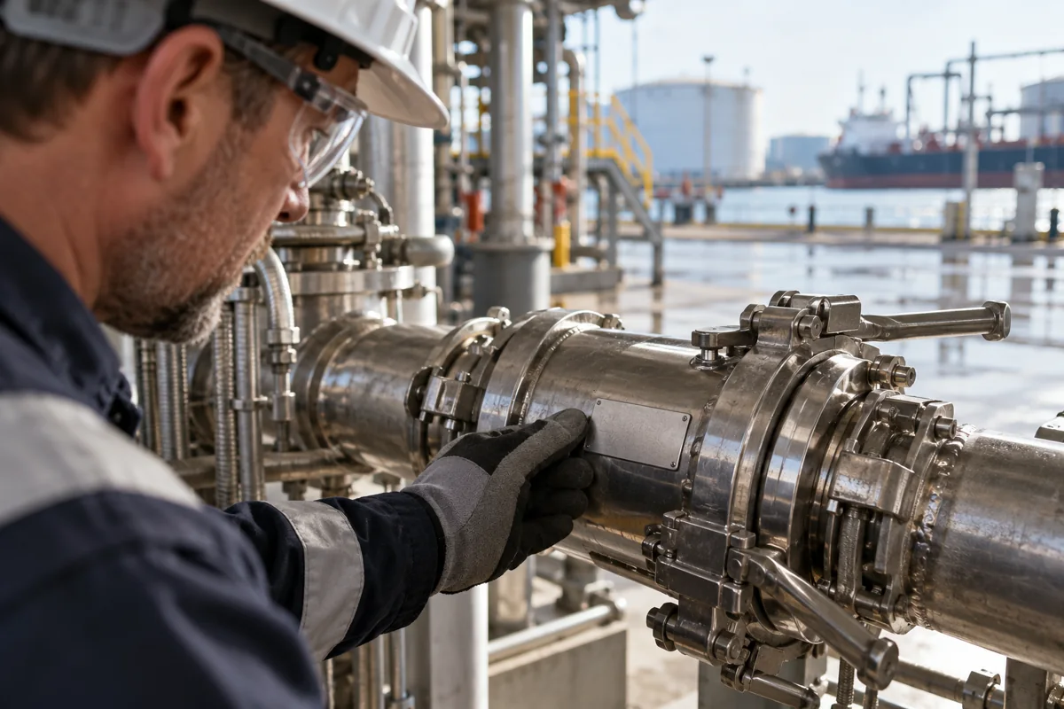 Gloved technician checking the unlabelled serial plate of a stainless transfer coupling, intimate documentary detail