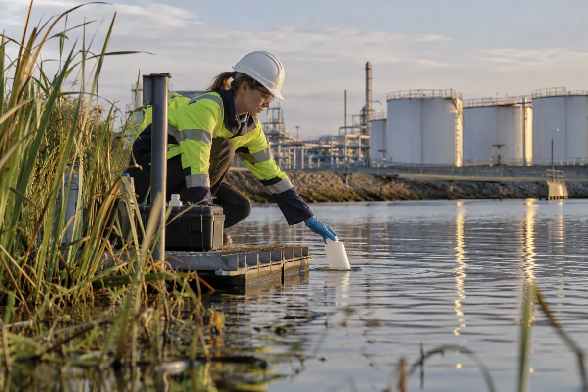 Reed-lined water monitoring point near an industrial waterfront, foreground water sampler and soft distant tanks