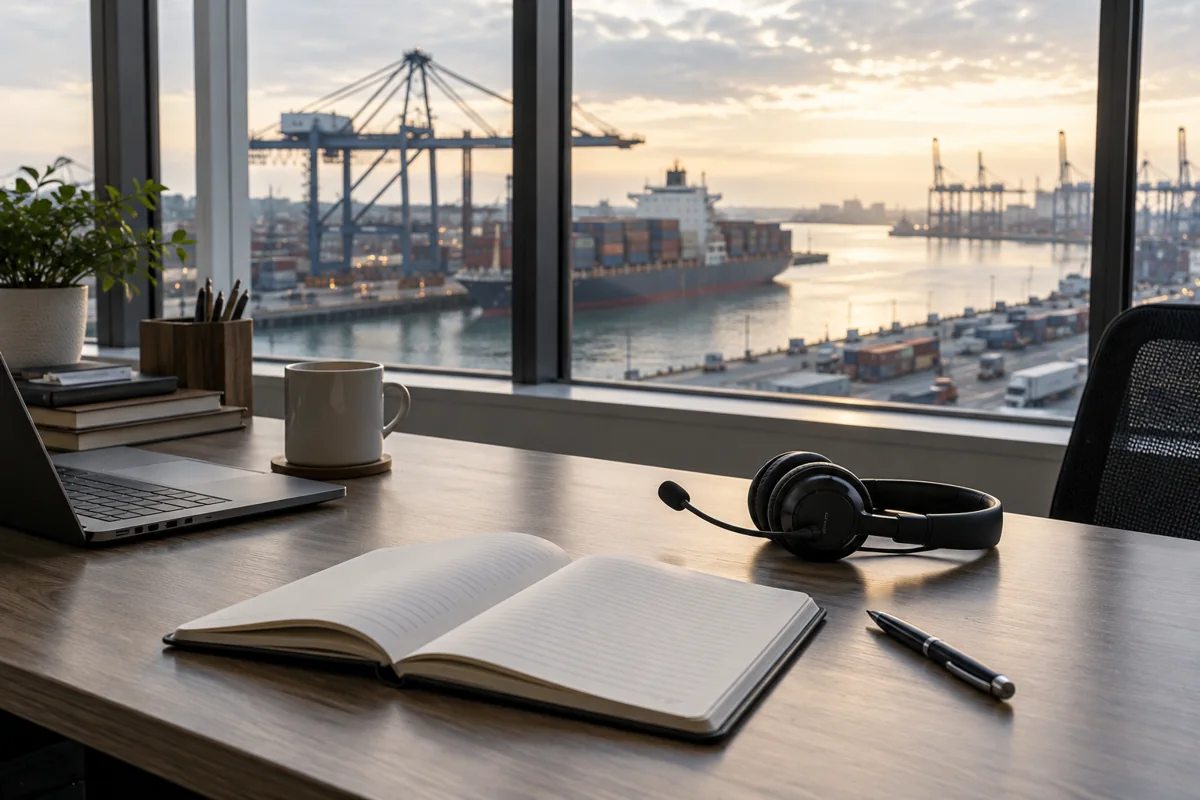 A logistics advisor's desk with an open blank notebook and headset near a window, restrained editorial still life