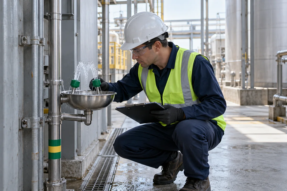 Worker in complete protective equipment inspecting an emergency eyewash fixture at a clean industrial site