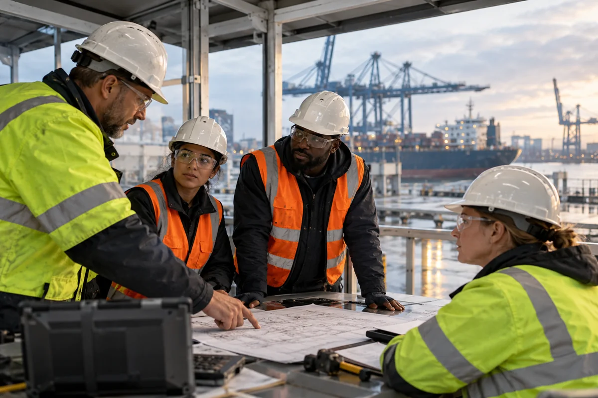 Small diverse team wearing appropriate PPE discussing a job at a sheltered industrial briefing station, candid moment