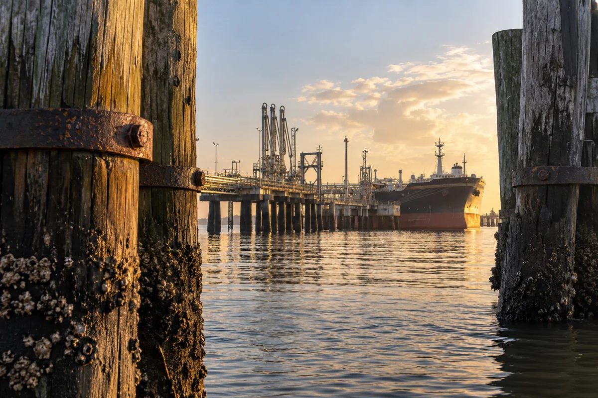 River industrial jetty seen through weathered timber pilings, humid Texas-style coastal light, no identifiable facility