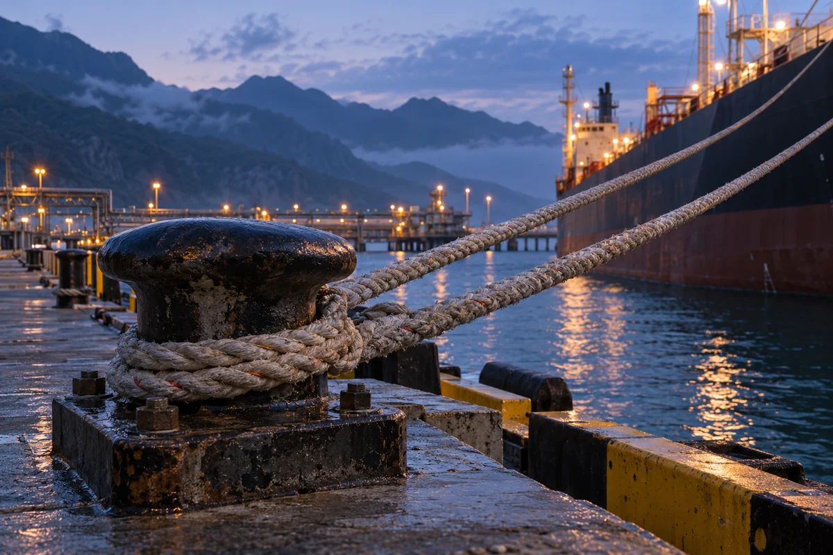 Blue-hour coastal loading platform backed by hazy steep hills, intimate low perspective on mooring equipment