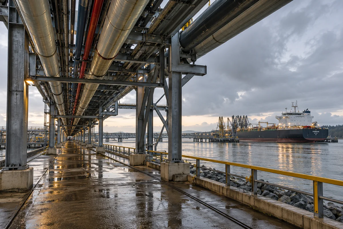 Low-angle view under a pipe bridge beside a wide ship channel, humid overcast light, no identifiable site