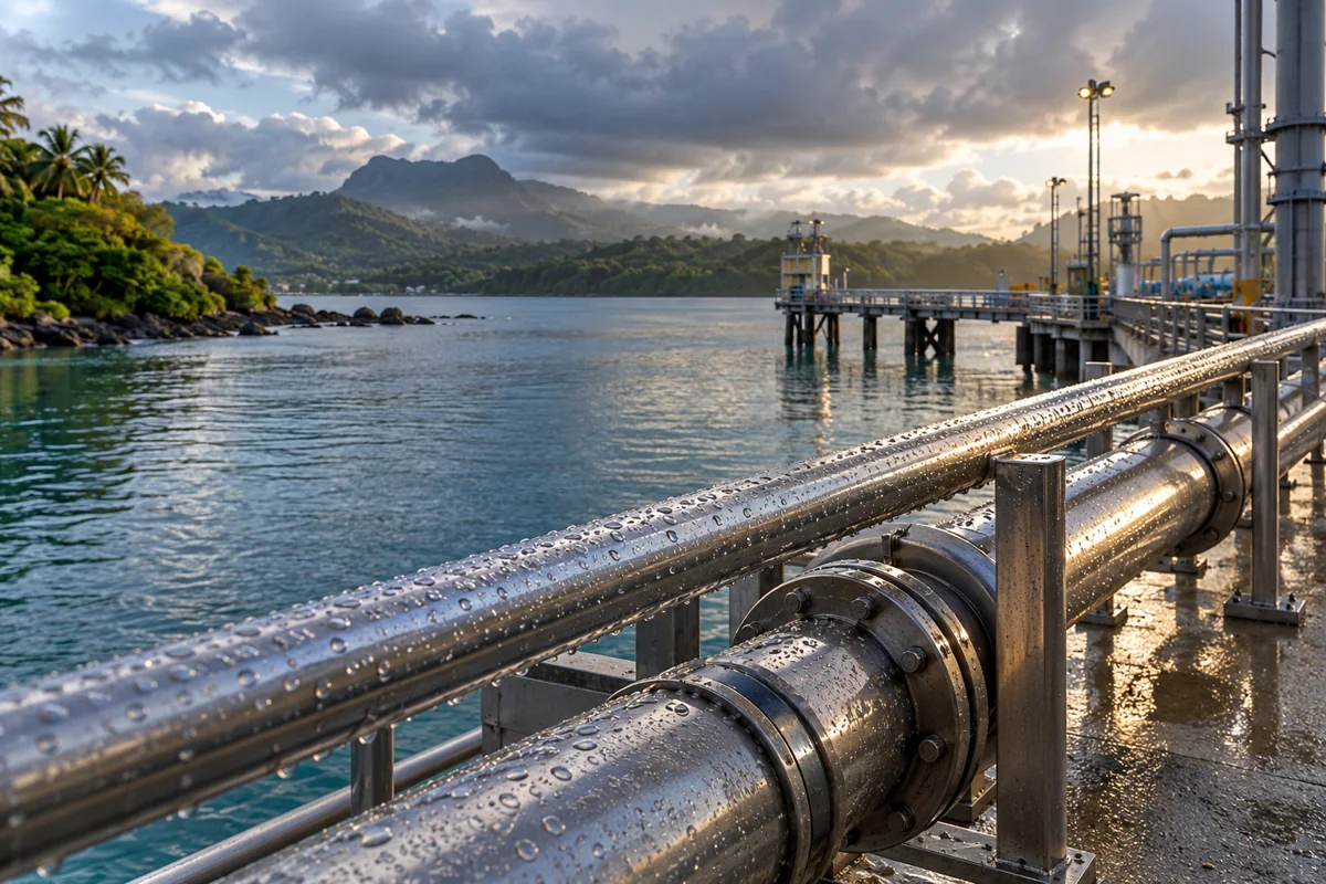 Rain droplets on stainless pipeline railing beside tropical marine jetty, lush coast in distance after rain
