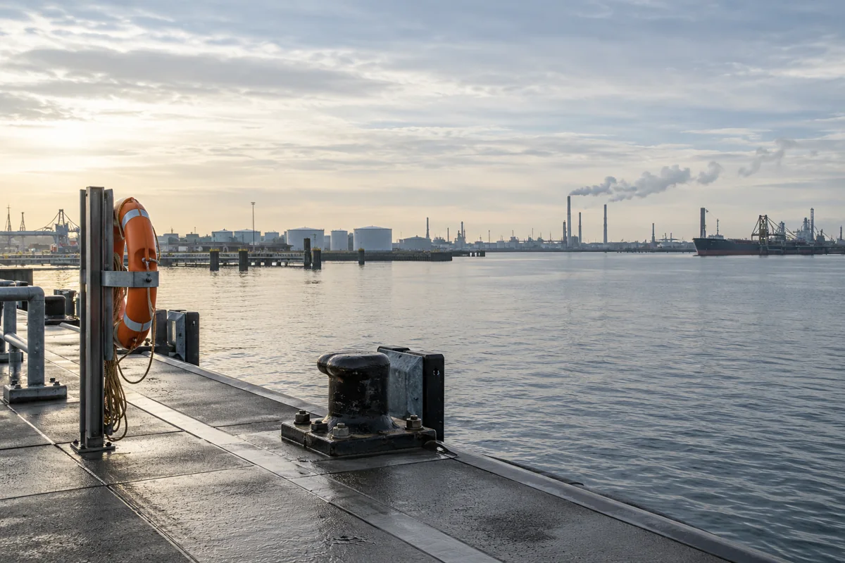 Geometric river quay with orange life ring and distant low industrial skyline in flat North Sea light