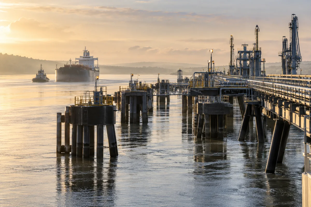 Long-lens view of an estuary service pier with orderly mooring dolphins in luminous river haze