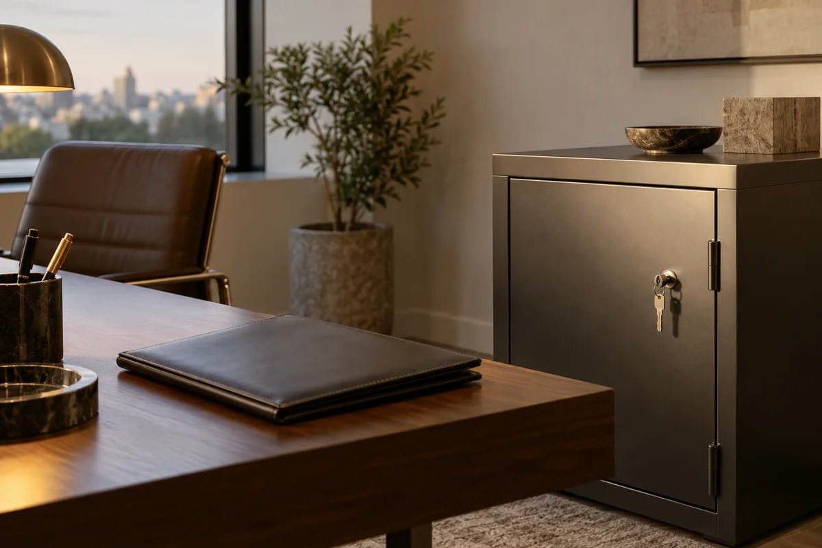 Minimal secure records cabinet with a single key and closed plain folio on a desk, warm neutral office photography