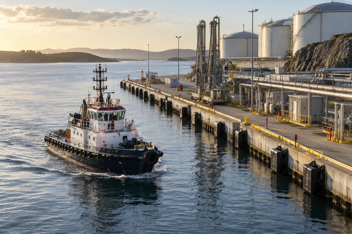 Small port service vessel approaching an orderly industrial berth, elevated diagonal documentary composition